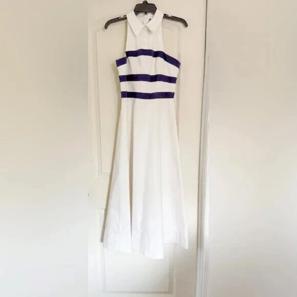 STAUD CAPTAIN IVORY OFF WHITE NAVY BLUE STRIPED HALTER MIDI DRESS SIZE 4 NWT - Picture 9 of 15